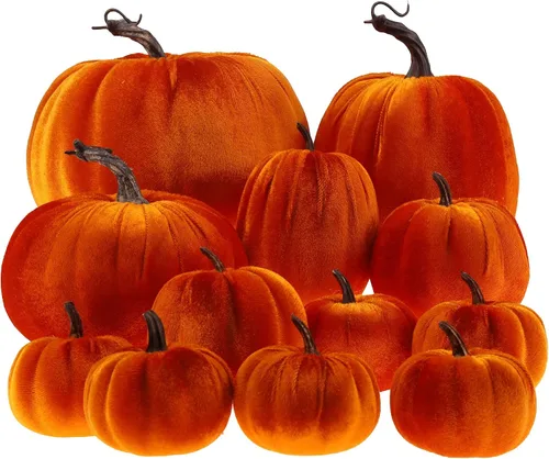 Vista 8 de Gresorth 12 calabazas artificiales grandes de terciopelo para Halloween, hechas a mano, decoración de centro de mesa de cosecha de otoño