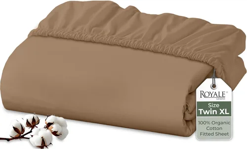 Vista 111 de Royale Linens Sábana bajera ajustable de 100% algodón orgánico - Tejido de percal - Sábanas bajeras de bolsillo profundo súper suaves - Sábana