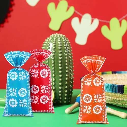 Vista 5 de 100 bolsas mexicanas de celofán para dulces para fiesta, recuerdo Recuerdo de fiesta con 150 lazos rojos, saco de regalo para fiesta