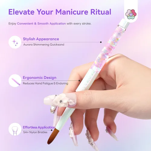 Vista 4 de SAVILAND Pack of 3 Acrylic Brushes for Nails: Nail Art Brush for Beginners with Cleaning Comb Aurora Shimmer Nail Brush for Acrylic Powder Acrylic