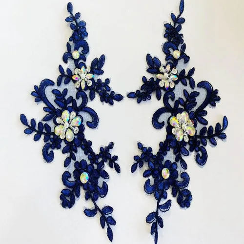 Vista 17 de Parches de tela de encaje fino bordados con diamantes de imitación bordados, decoración de vestido para coser en lentejuelas cuentas, accesorio