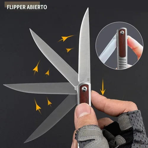 Vista 3 de Cuchillo de bolsillo para hombres, cuchillo plegable con clip, con hoja de acero D2, cierre de seguridad, cuchillo afilado para supervivencia