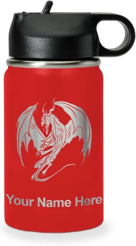 Vista 12 de LaserGram Botella de agua con tapa abatible de doble pared de 12 onzas con pajilla, dragón, grabado personalizado incluido (negro)