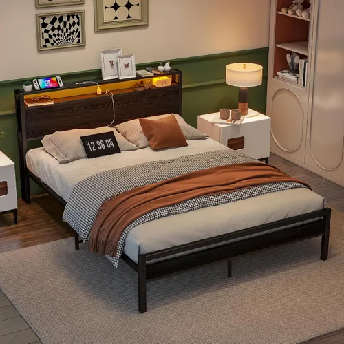 Vista 4 de BOFENG Base de cama Queen con cabecera de almacenamiento, marco de cama de plataforma de metal tamaño Queen con luces LED, estación de carga,