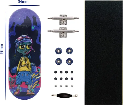 Vista 2 de Pro Patineta para dedos 34mm de madera con camiones profesionales y ruedas CNC (Alien)