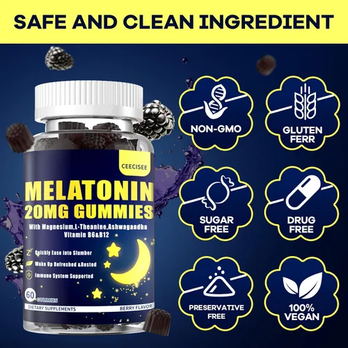 Vista 5 de Gomitas de melatonina de 20 mg para adultos: suplemento de melatonina sin azúcar extra fuerte con Ashwagandha L-teanina magnesio cúrcuma vitamina D3