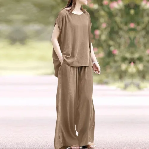 Vista 3 de Women's 2 Piece Outfits Dressy Casual Summer Pants Sets Loose Comfy Business Work Suits Streetwear Linen Lounge Set