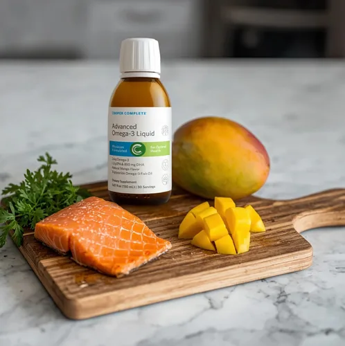 Vista 4 de Cooper Complete Aceite de pescado líquido Omega-3, sabor a mango, EPA DHA, 30 Serv
