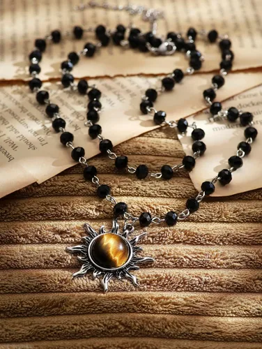 Vista 7 de Sacina Gothic Emo Grunge Sun Choker, Black Bead Choker Necklace, Black Jewelry, Gothic Goth Necklace, Halloween Christmas Jewelry Gift for Women