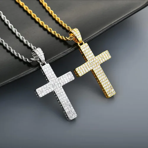 Vista 5 de STARCHENIE Collar de cruz de latón chapado en oro, colgante de crucifijo de circonita cúbica, cadena de cuerda de 24 pulgadas, Metal, Circonia cúbica