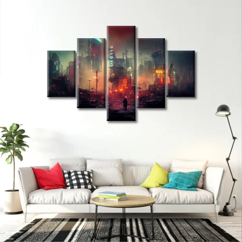 Vista 300 de Cuadros de 5 paneles de Cyberpunk City, arte de pared, representación de vallas publicitarias, edificios modernos en la capital con obras de arte