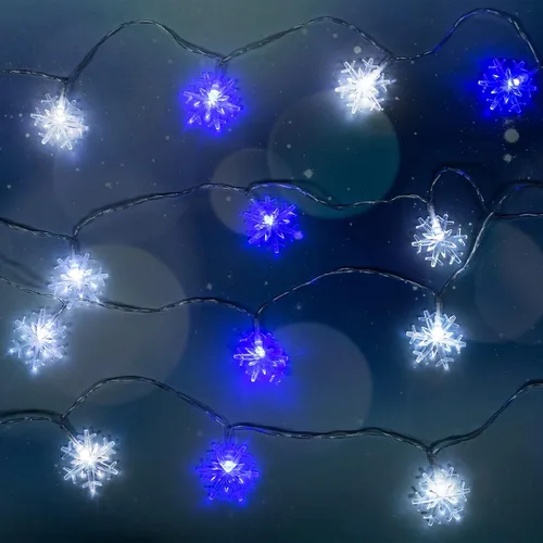 Vista 8 de FUTUREPLUSX - Guirnalda de luces de copo de nieve de 9.8 pies, luces de copo de nieve de Navidad azules y blancas, funciona con pilas, impermeable