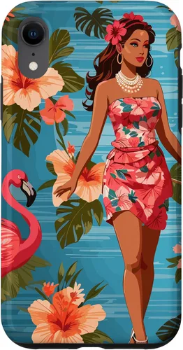 Vista 25 de iPhone 12 Pro Max Vintage Tiki Design - Funda hawaiana retro de flores hula y flamencos