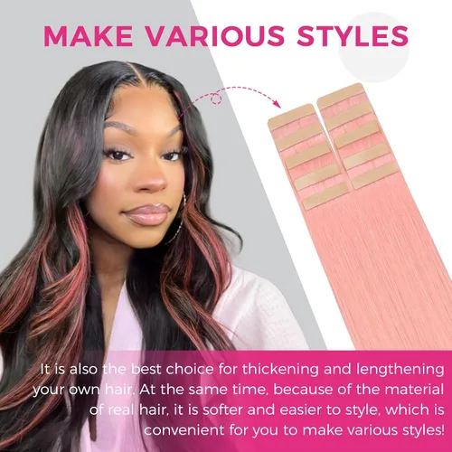 Vista 48 de Extensiones de cabello Lashey de 14 pulgadas; extensiones de cabello humano real lacio color negro azabache con trama adhesiva para mujeres, 20