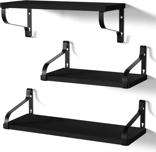 Vista 12 de Love-KANKEI Estantes flotantes montados en la pared de madera rústica, juego de 3 estantes para dormitorio, sala de estar, baño, cocina, color negro