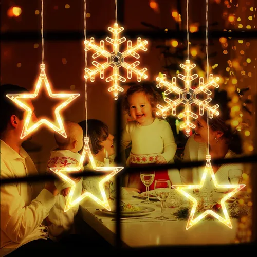 Vista 2 de 5 Piezas Luces Navideñas para Ventana Decoraciones Letrero Iluminado de Navidad Blanco Cálido Funciona con Pilas Telón de Fondo Luces de Cadena