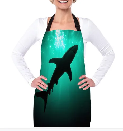 Vista 2 de Delantal de Cocina de Cocina Tiburón Marino Verde Delantal de Cocina para Hornear Chef Delantal Impermeable para Mujeres Hombres 31X27 Pulgadas