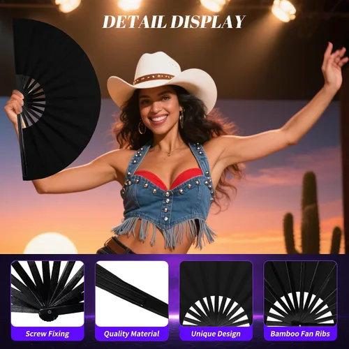 Vista 3 de Abanico de mano grande de 33 cm con luz UV para baile en línea, abanico plegable para botas, actuación, boda, fiesta - Abanico portátil de mano