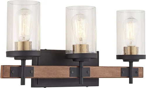 Vista 6 de Possini Euro Design Kata Farmhouse - Lámpara de pared rústica de madera sintética negra con cable de 22 pulgadas, 3 lámparas, cristal cilíndrico