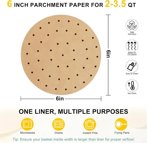 Vista 2 de Numola Forros de papel pergamino para freidora de aire, papel desechable de 6 pulgadas para hornear de 2 a 3.5 cuartos de galón, 100 piezas de papel
