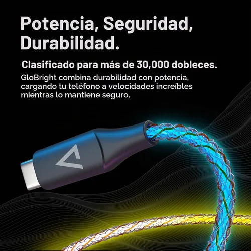 Vista 3 de Cable de Carga Iluminado Statik - Cable de Carga LED Trenzado GloBright, Cable de Carga 100W Iluminado Super Rápido, Transferencia de Datos, Cable
