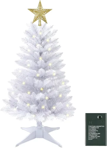 Vista 12 de Árbol de Navidad artificial pequeño de 3 pies, mini árbol de mesa Pequeño árbol de Navidad con luces, funciona con pilas, base estable, decoración