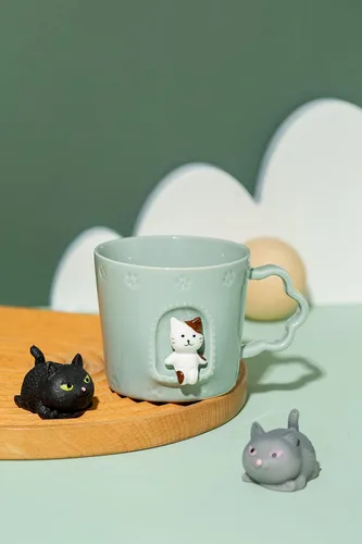 Vista 2 de DIHOclub Taza de cerámica con diseño de gato, ventana con animales, figura de cerámica hecha a mano, tazas lindas de dibujos animados, regalo
