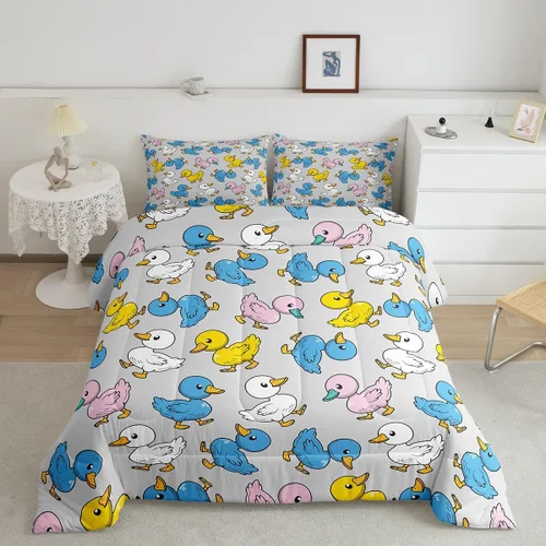 Vista 50 de Erosebridal Juego de ropa de cama a cuadros azul para niños, juego de cama individual con diseño de patos amarillos de dibujos animados, juego