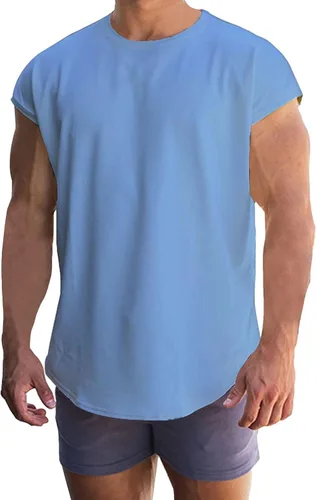 Vista 8 de Camiseta de manga casquillo para hombre, camiseta sin mangas para gimnasio, fisicoculturismo, atlética, corte muscular, ajuste holgado, verano