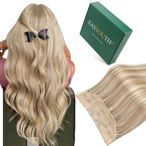 Vista 101 de Easyouth Extensión de cabello humano rubio con cola de caballo, extensiones de cabello humano rubio dorado con reflejos rubios, extensiones