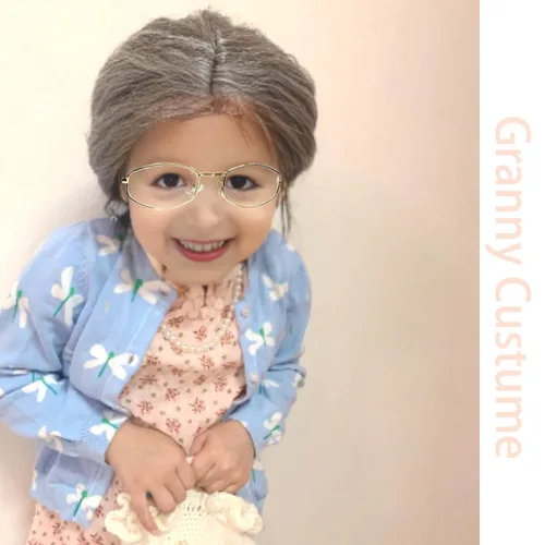 Vista 4 de Joizomou Disfraz de anciana para niños, niñas y mujeres, peluca de anciana, disfraz de abuelita para ancianos, disfraz de 100 días de escuela