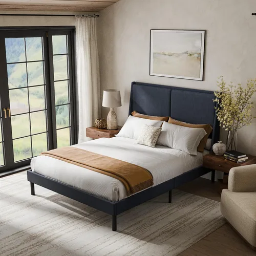 Vista 9 de Cozy Castle Base de cama tamaño Queen con cabecera de respaldo doble de 51.2 pulgadas de alto, marco de cama de plataforma de metal, no necesita