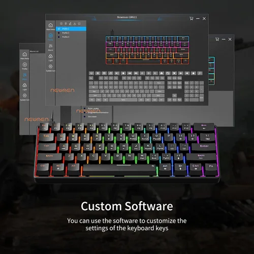 Vista 8 de Newmen GM611 - Teclado mecánico con retroiluminación LED arco iris, para juegos, con cable, compacto, mini 61 teclas, portátil, 60 % teclado