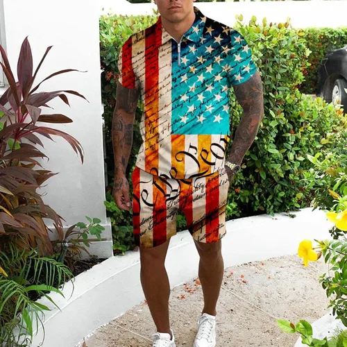 Vista 2 de Men's American Flag Polo Shirt and Shorts Set Summer Outfits 2 Piece Tracksuit Stylish Casual 4th of July Polo Suit