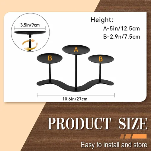 Vista 5 de Candelabro de hierro de 3 brazos - 10 pulgadas ondulado para velas de pilar Marco de metal duradero con 3 plataformas escalonadas, acabado negro