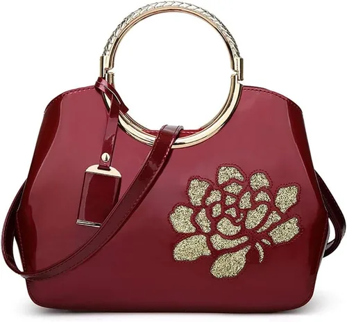 Vista 3 de Bolso para mujer, bolso de cuero de patente, bolso elegante de la manija superior del bolso del bordado de la flor
