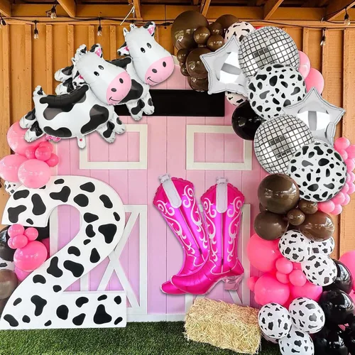 Vista 4 de Decoraciones de fiesta de vaquera occidental, Let's Go Girls Disco Cowgirl Last Rodeo Bachelorette Theme Cow Balloon Cowgirl Boot Globos