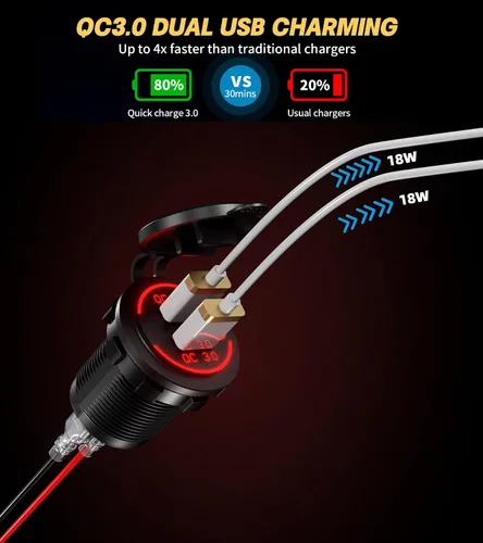 Vista 3 de Interruptor de roker de barco marino impermeable, panel de aluminio de 6 cuadrillas con cargador de coche USB dual DC12-24V 36W y voltímetro digital