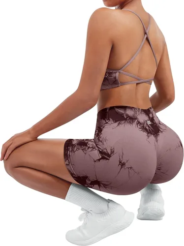 Vista 5 de SUUKSESS Conjuntos de Entrenamiento Sin Costuras para Mujer, Sujetador Deportivo con Tirantes, Shorts de Cintura Alta y con Realce de Glúteos