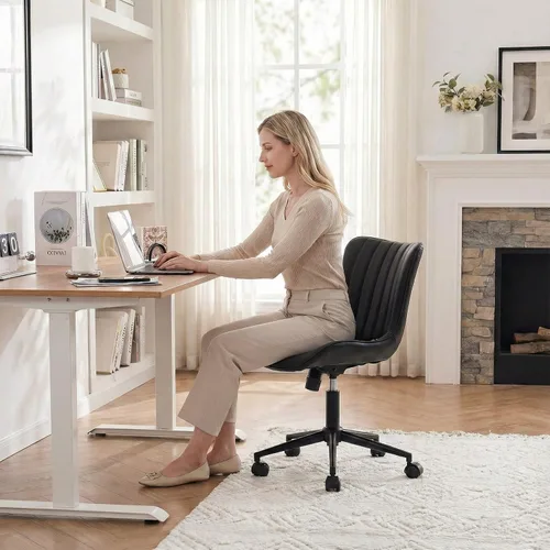 Vista 7 de YOUNIKE Silla de escritorio compacta negra para oficina en casa con ruedas, silla de tocador linda sin brazos cómoda con respaldo basculante