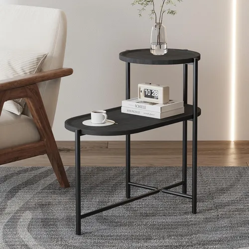 Vista 8 de Mesa auxiliar redonda de 2 niveles con extremo de café irregular, mesa pequeña con marco de metal para sala de estar, dormitorio (negro)
