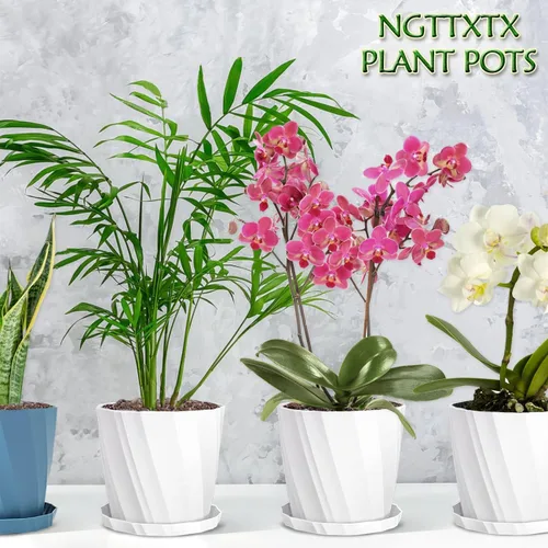 Vista 7 de Macetas de 8 pulgadas con agujeros de drenaje y platillos - Macetas para plantas de interior - Macetas de plástico blanco para plantas al aire libre