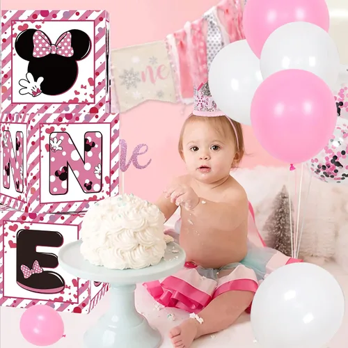 Vista 6 de Suministros de cajas de globos para fiesta de primer cumpleaños para bebé, niñas 3 piezas con temática de ratón rosa, cajas de globos de un año