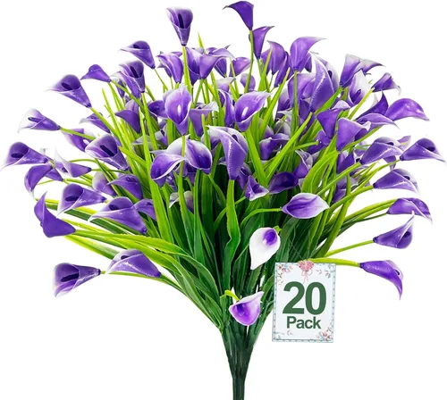 Vista 13 de TURNMEON 12 paquetes de flores artificiales de lirio de cala (240 cabezas), plantas falsas para exteriores, plantas falsas resistentes a los rayos