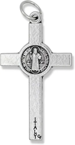 Vista 4 de Caritas et Fides Paquete de 10 crucifijos de San Benito (crucifijo de 1.5 pulgadas, plata oxidada) – Suministros para hacer rosarios a granel