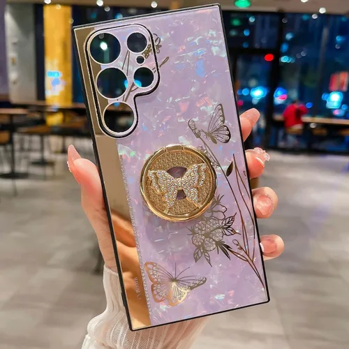 Vista 5 de Funda con función atril para Galaxy S22 Ultra, bonita concha de mármol con soporte de anillo, elegante funda protectora a prueba de golpes