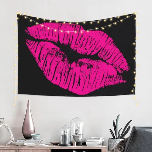 Vista 2 de KOSUES Tapiz de labios de beso rosa intenso de los 80 para colgar en la pared, fondo de pared para habitación, póster de arte estético