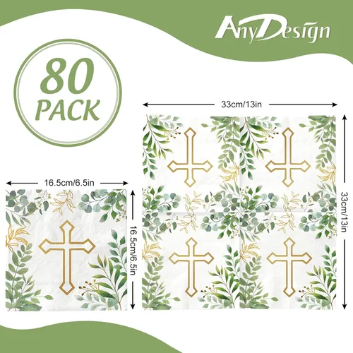 Vista 2 de AnyDesign 80 servilletas de papel con cruz vegetal, hojas verdes, desechables, servilletas de almuerzo, bautismo, postre, cena, servilletas de mano