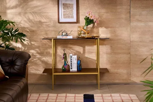 Vista 2 de Mesa consola de vidrio para sala de estar, vestíbulo y entrada, mesa de sofá moderna de mediados de siglo de 2 niveles con parte superior de vidrio