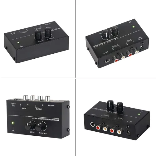 Vista 2 de Phono - Preamplificador de tocadiscos - Mini fonógrafo estéreo de audio, adaptador de corriente de CC separado de 12 V, entrada RCA, salida RCA